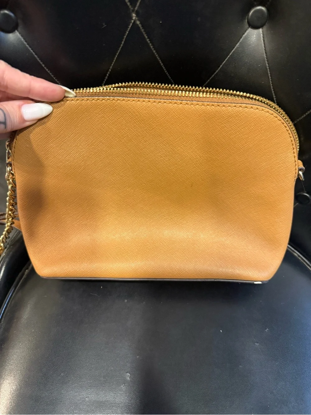 Michael Kors Camel/Tan Saffiano Leather Crossbody Bag with Gold Plaque